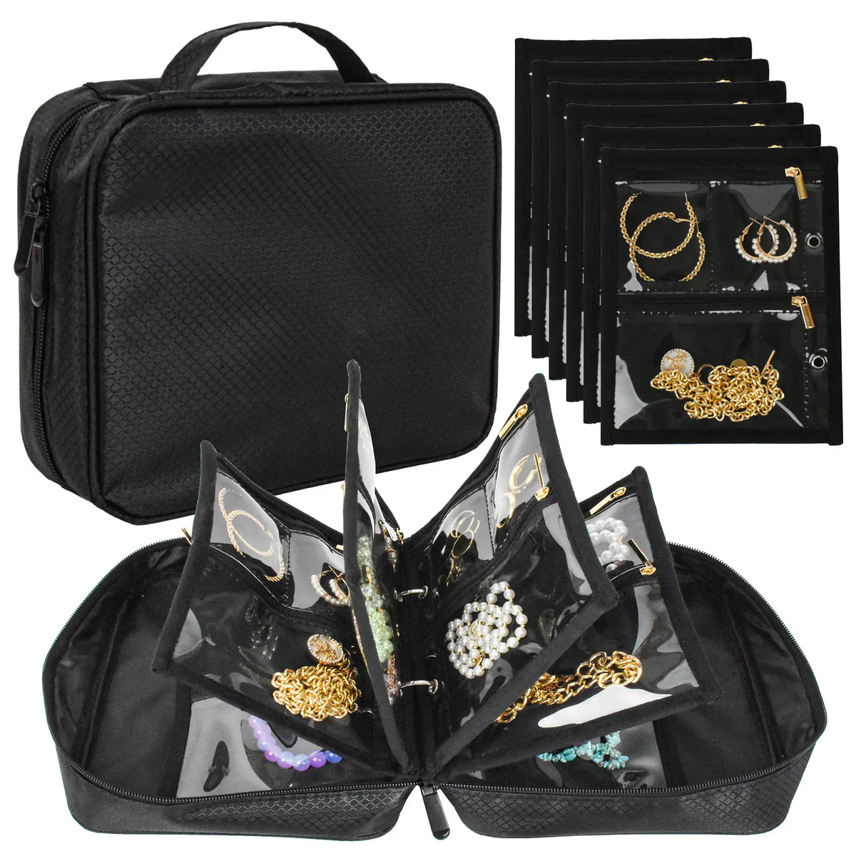 Travel Jewelry Organizer Case with Clear Zipper Pouches