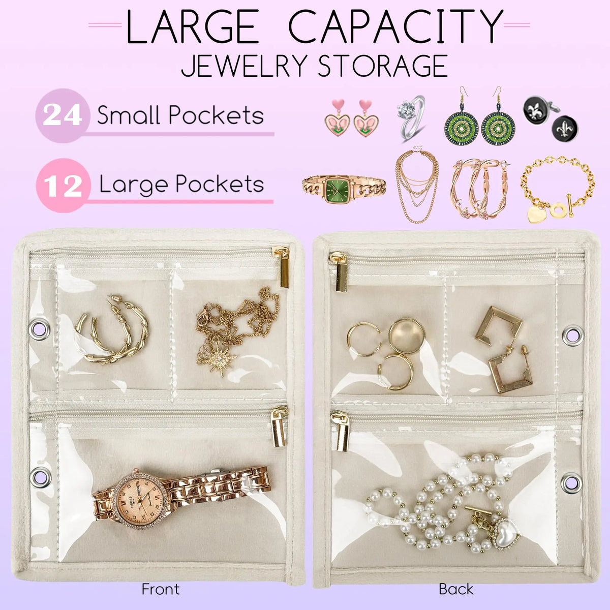 Travel Jewelry Organizer Case with Clear Zipper Pouches