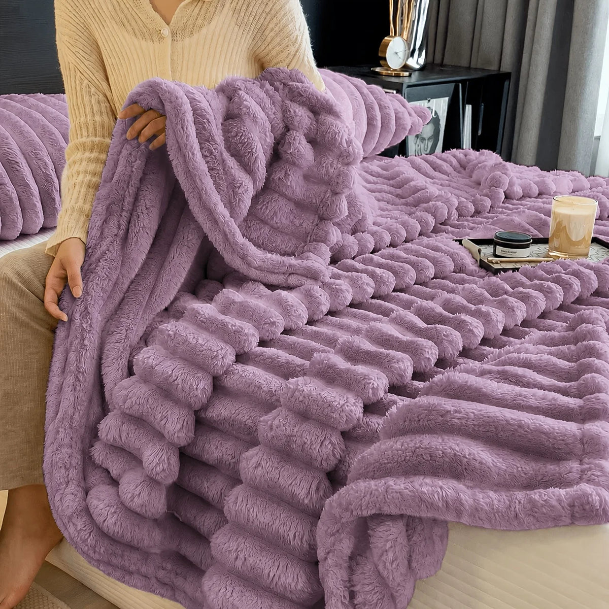 Cozy Ribbed Plush Throw Blanket