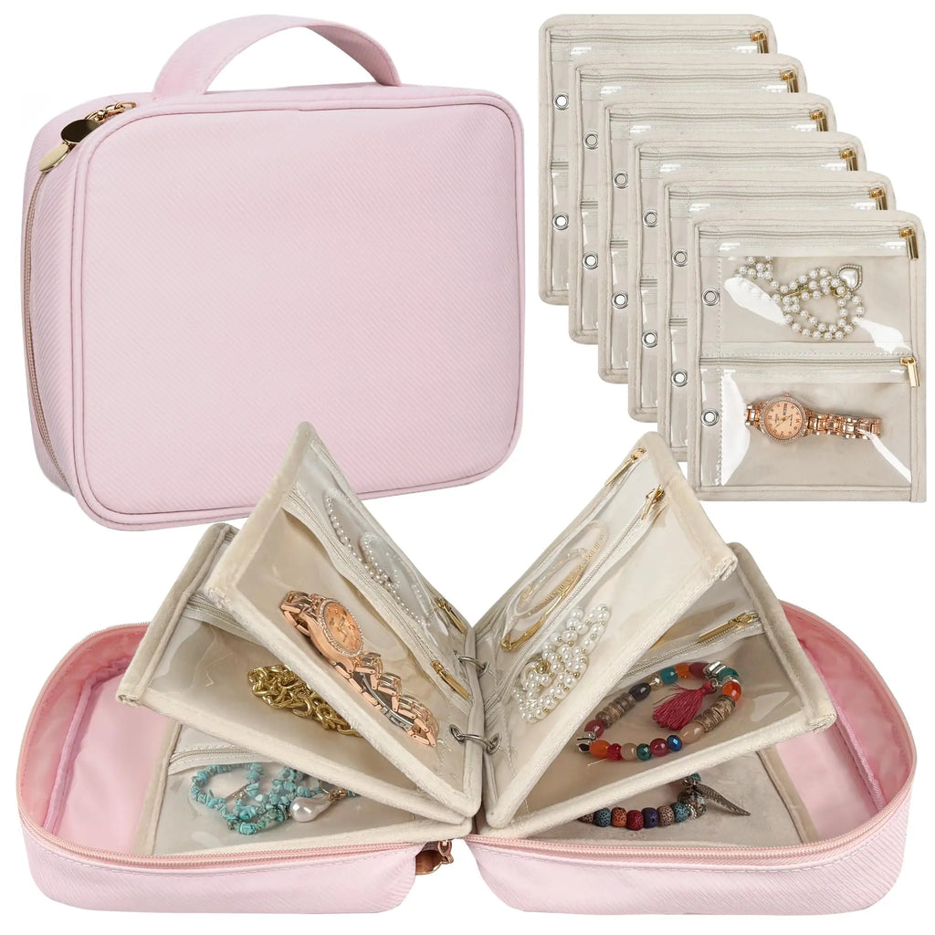 Travel Jewelry Organizer Case with Clear Zipper Pouches